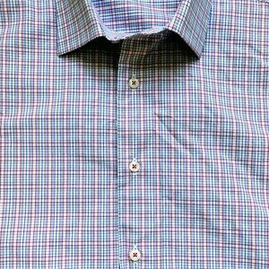 David Donahue men's shirt, blue, pink & white plaid, size 34-35.